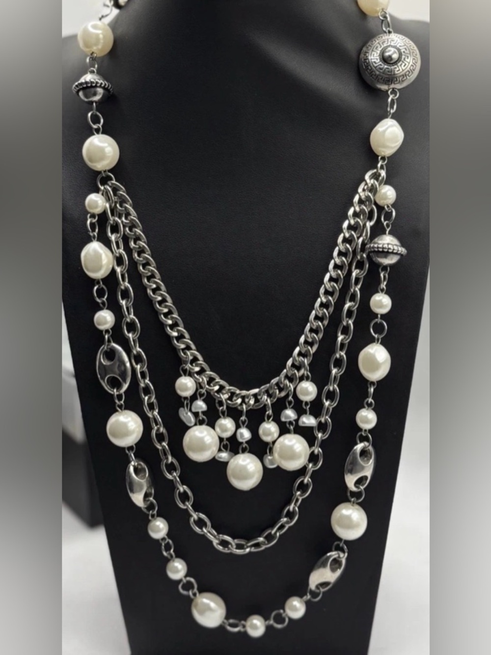 Multi-Strand Silver Chain Necklace with White Pearl Beads
